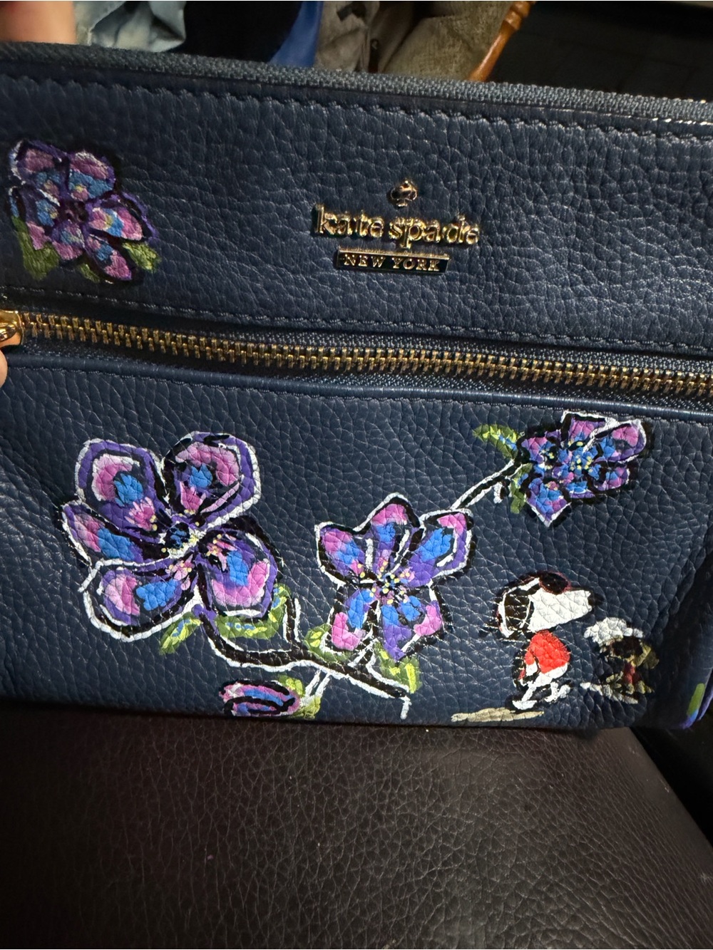 kate spade Leather Navy Crossbody with hand Painted Purple Flowers & Snoopy